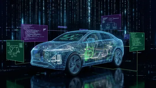 A rendering of a software-defined vehicle showing various electronics and networked computer systems.