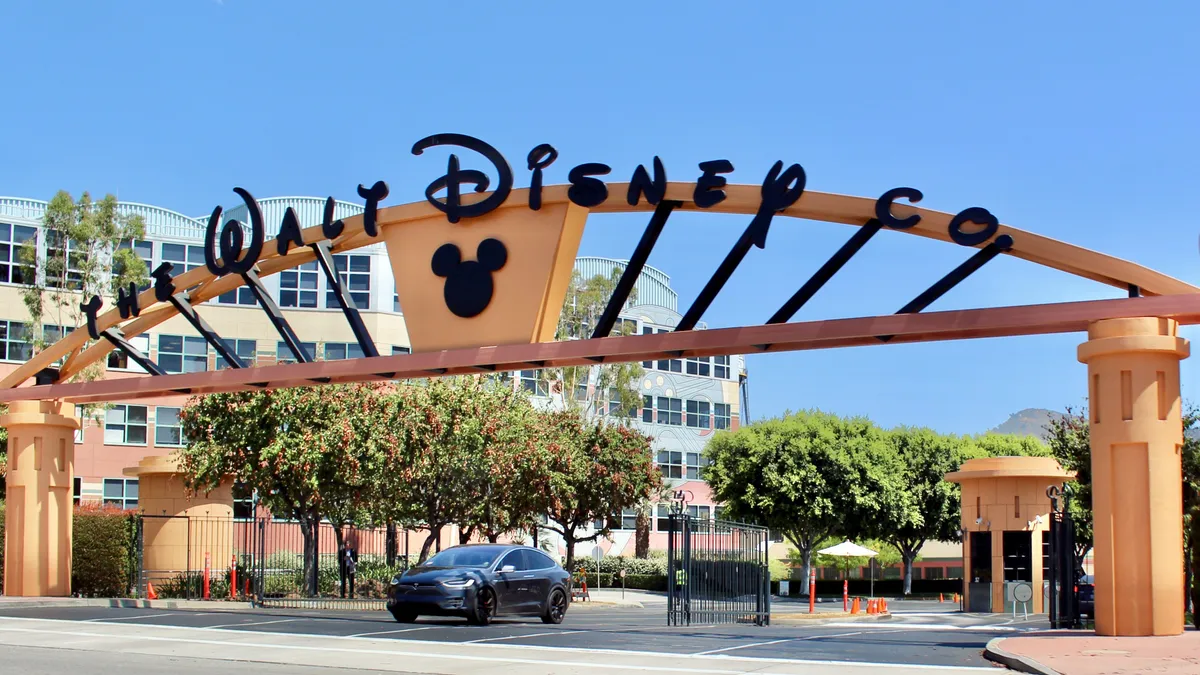 The Alameda Avenue entrance to the Walt Disney Studios in Burbank, California. This was taken just after a major renovation in summer 2016, in which the dated tropical pastels of the gateway arch were