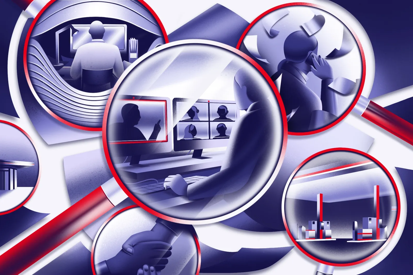 A duotone collage illustration of several magnifying glasses zooming in on people at their computers, the outside of a c-store, and someone on the phone. The main magnifying glass depicts a person att