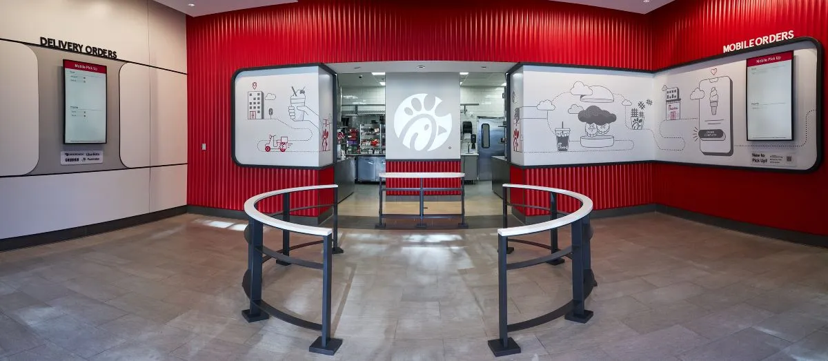 An image of the inside of Chick-fil-A&#x27;s digital pickup-only restaurant in New York City