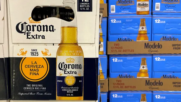Cases of beer stacked next to each other. Some boxes are branded "Corona" and others are branded "Modelo."