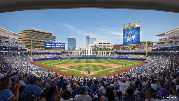 An architectural rendering of the interior of a professional baseball stadium.