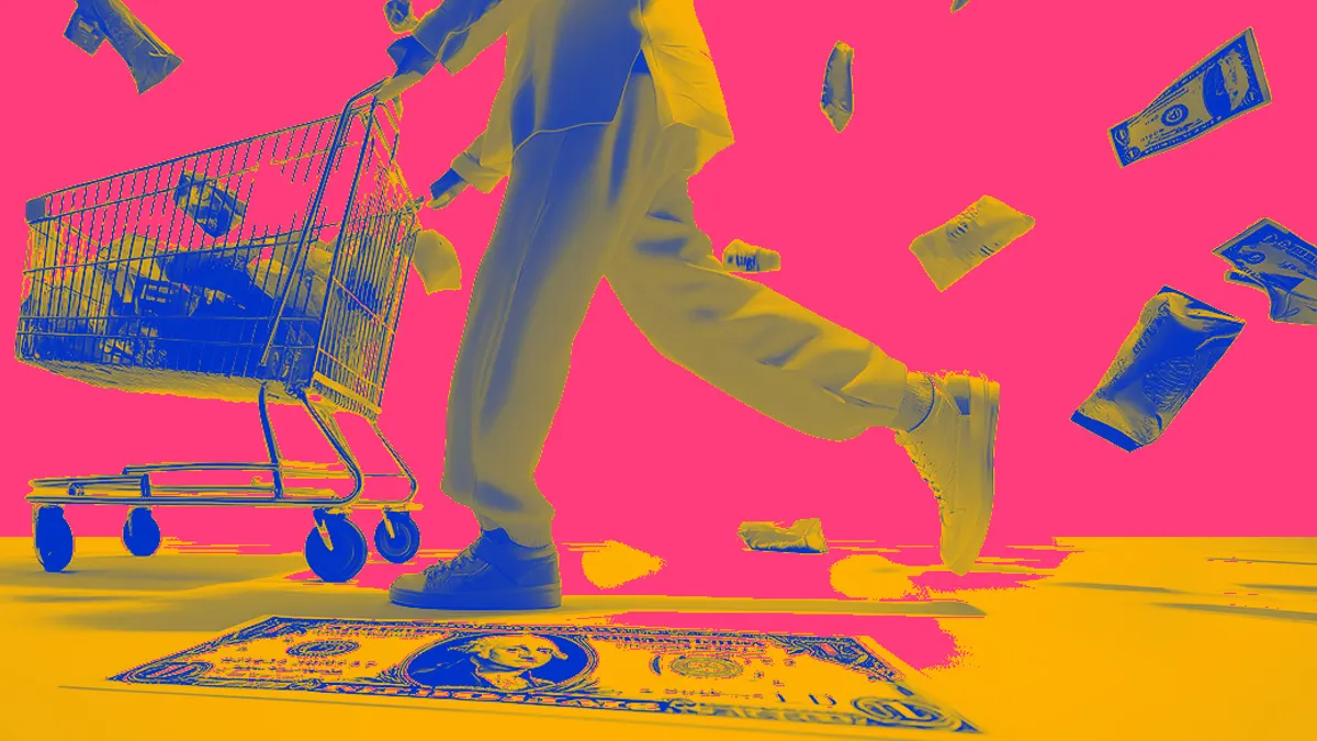 A stylized image showing a person pushing a shopping cart filled with bags against a pink background. Money is floating around, evoking a sense of wealth.