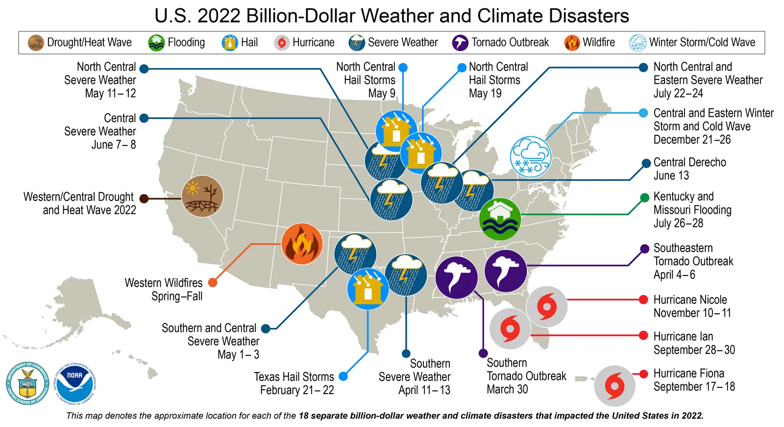 Map of the U.S. plotted with 18 separate billion-dollar disasters that occurred in 2022.