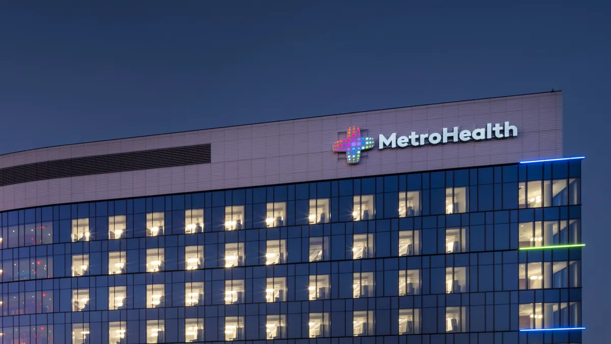 The MetroHealth Glick Center in downtown Cleveland at sunset