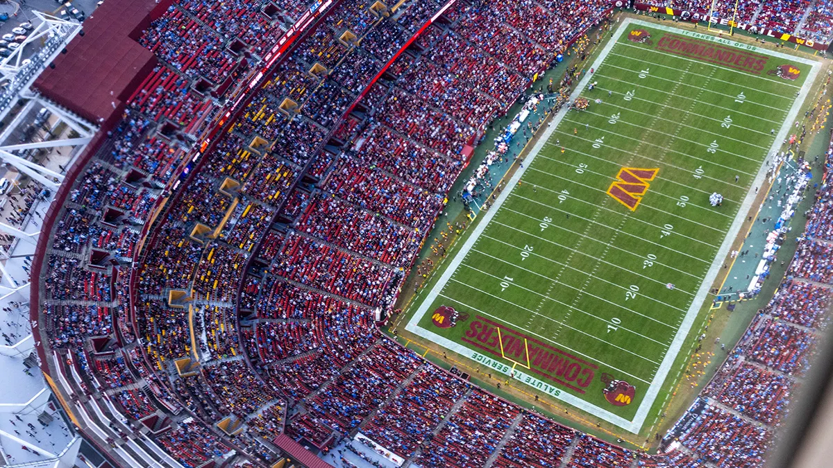 The Northwest Stadium is seen from the press cabin aboard Air Force One prior to a game between the Detroit Lions and the Washington Commanders on November 09, 2025 in Landover, Maryland.