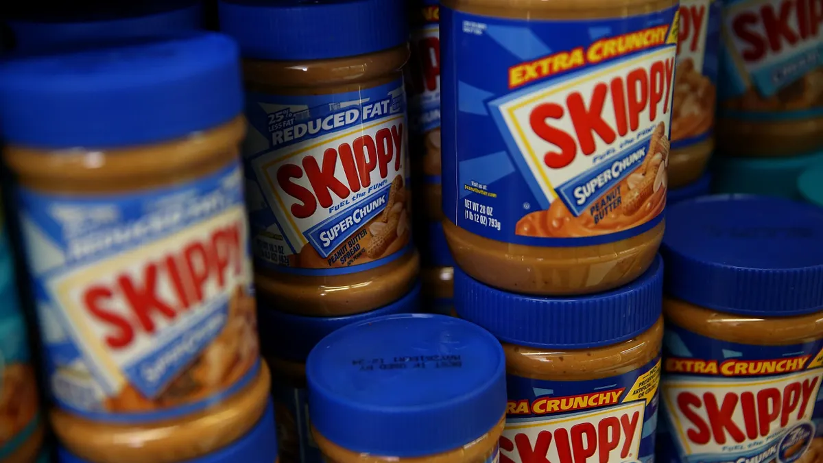 Jars of Skippy peanut butter on a California shelf