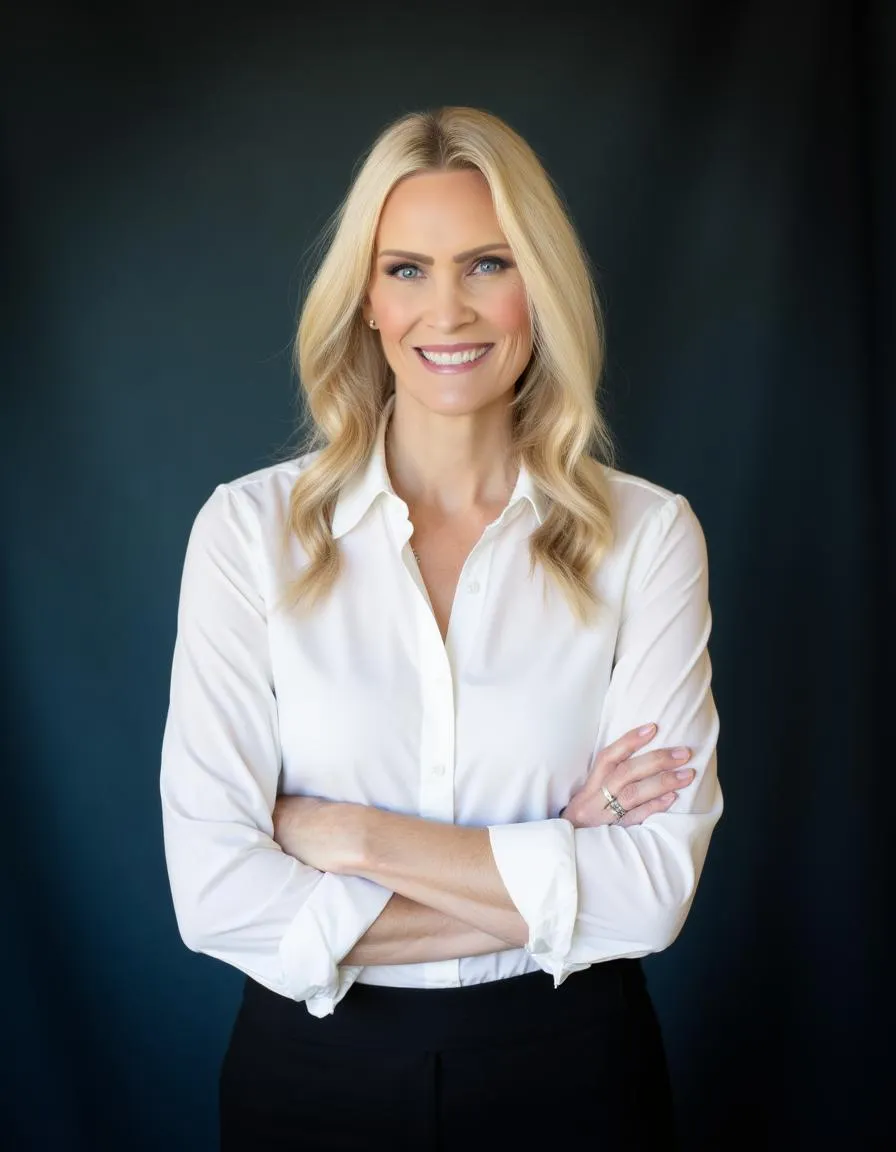 A headshot of a blonde woman in a white button-up shirt with arms crossed.