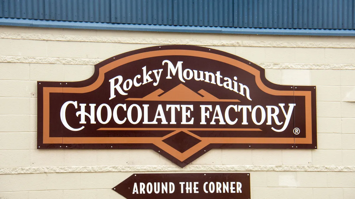 A Rocky Mountain Chocolate Factory sign in Duluth, Minnesota.