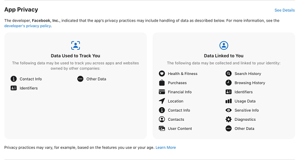 Facebook app tracking alert prompt