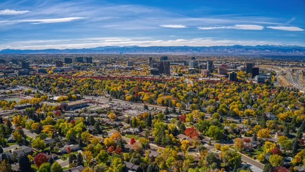 An overhead view of a city skyline.