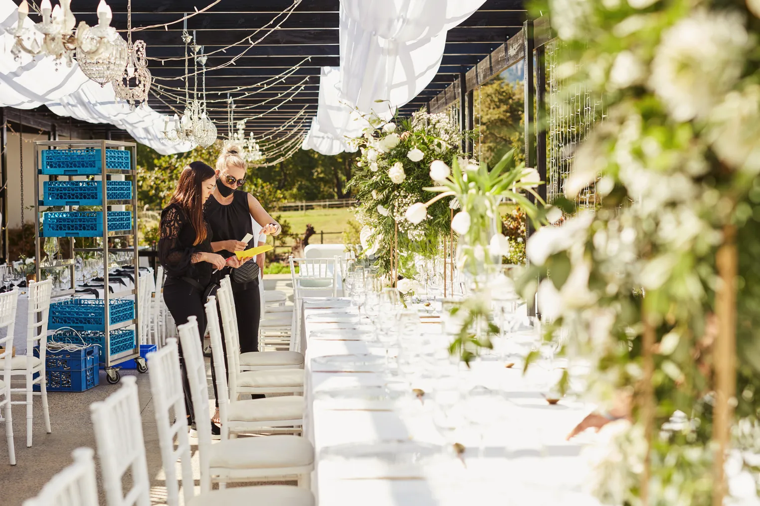 Two people look over a wedding venue