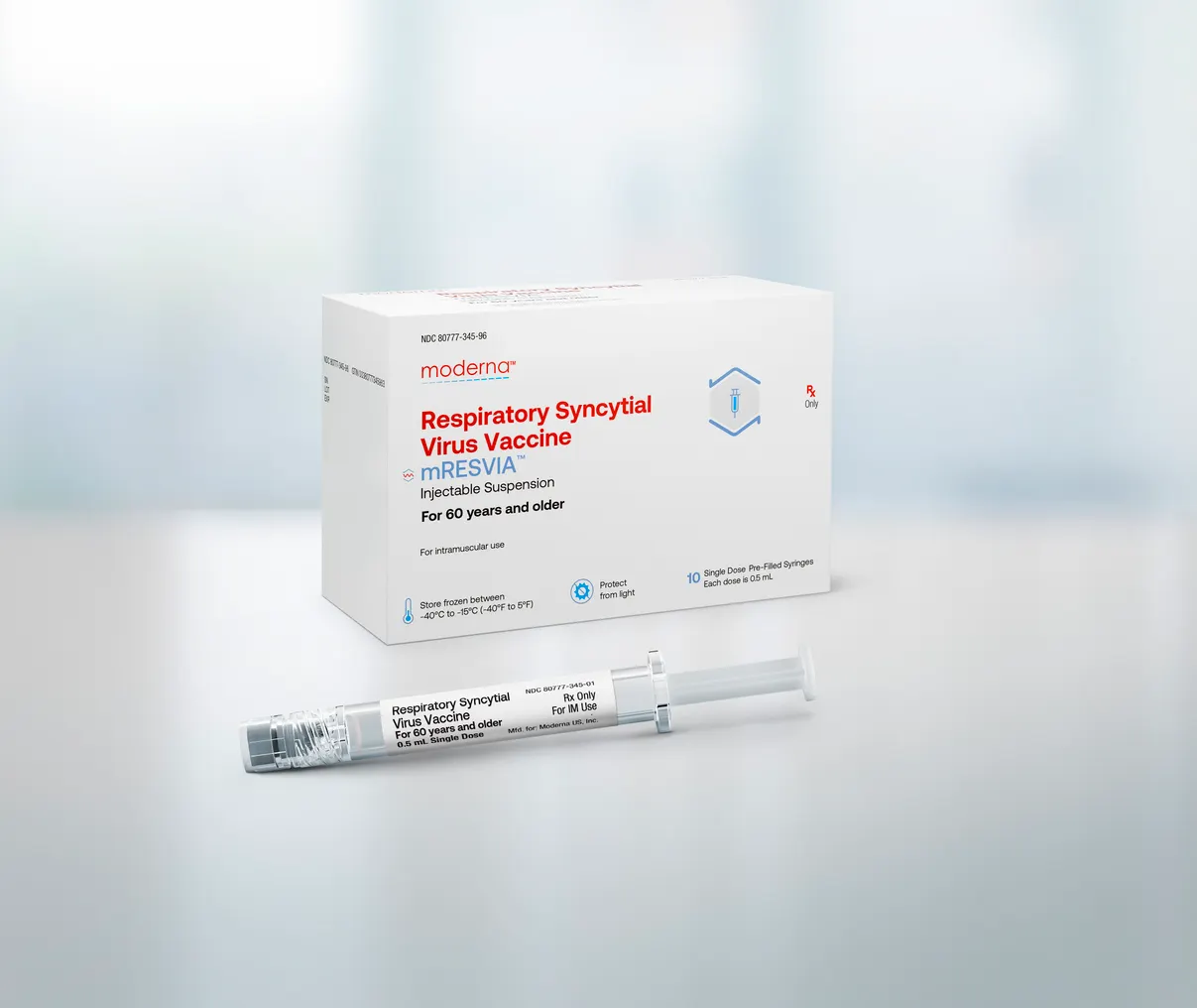 A product image of Moderna's RSV shot mRESVIA in its packaged box with syringe in front of the box