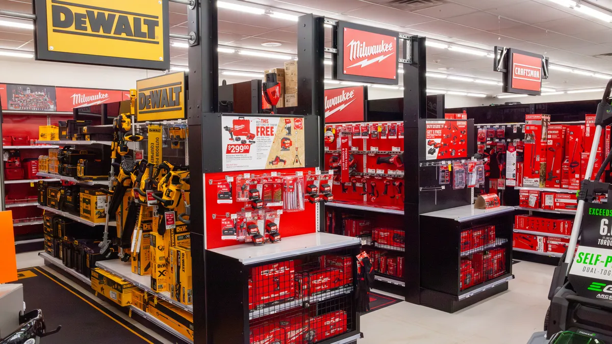 DeWalt, Milwaukee and Craftsman tool displays in an Ace Hardware store