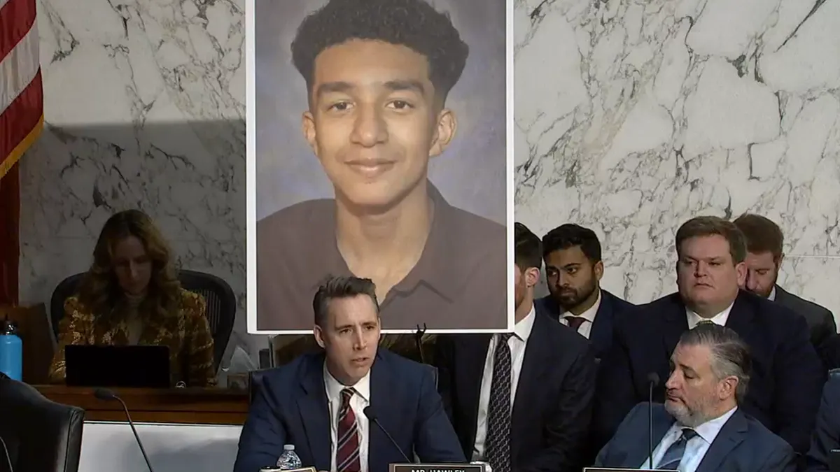 A senator speaks during a committee hearing with a sign of a teenager's headshot behind him.