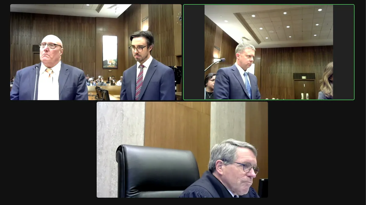 A three panel screen showing virtual coverage of a court sentencing