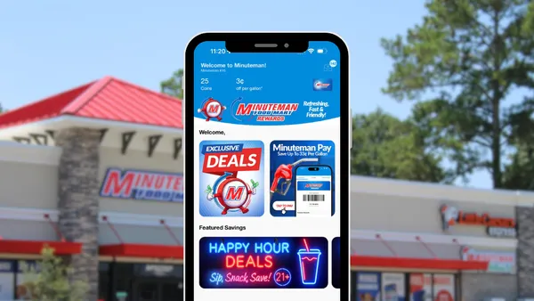 A photo of a mobile app no a phone in front of a store.
