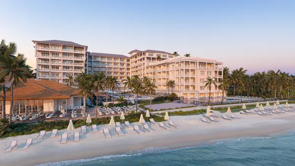 Exterior of the resort along the beach.