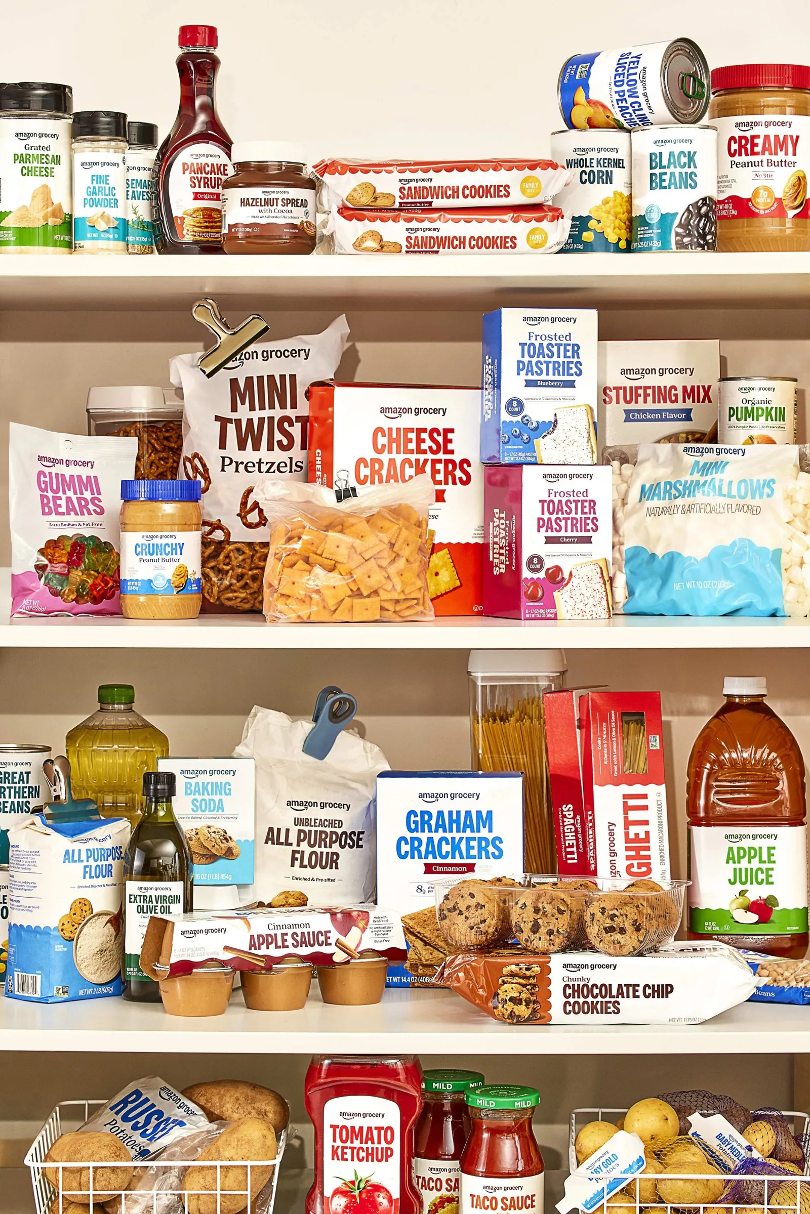 Food packages arranged on shelves.
