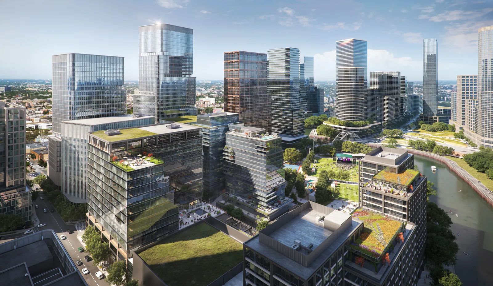 A rendering of several glass and steel buildings separated by green space.