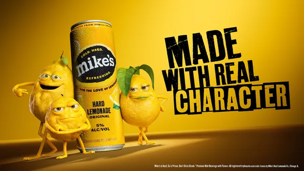 A trio of animated lemon characters stand in front of a can of original Mike's Hard Lemonade