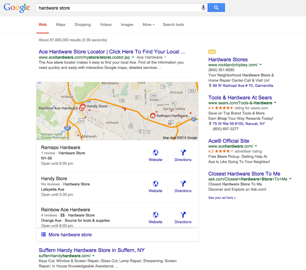An example of a Google 'local pack' in search results