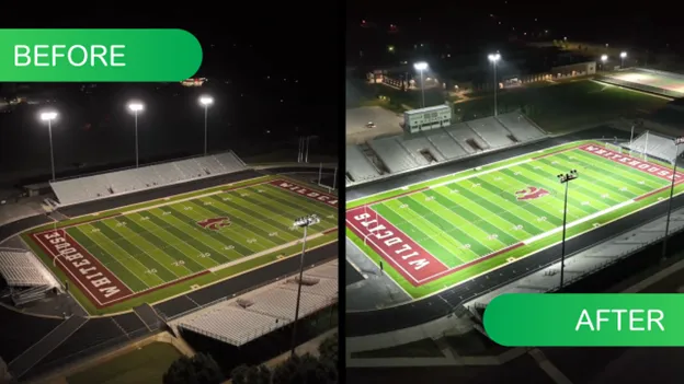 Before and after pictures of an American football field.