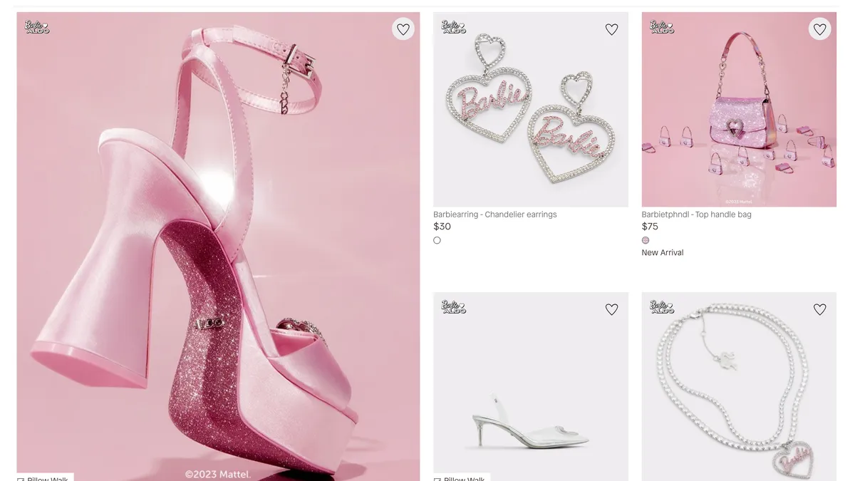 Aldo's Barbie Collection webpage is screenshotted.