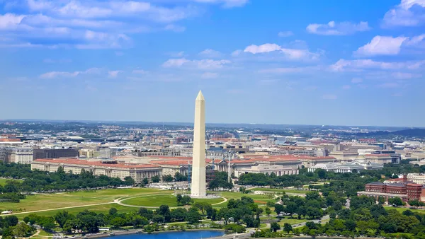 An aerial view of Washington, D.C. that includes the Washington Monument.