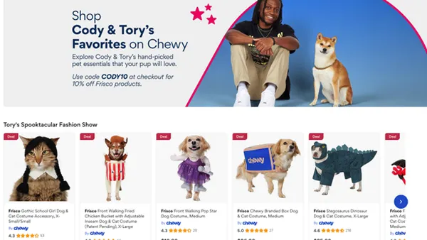 An interface for Chewy Storefronts, featuring Cody Taurus and his dog.