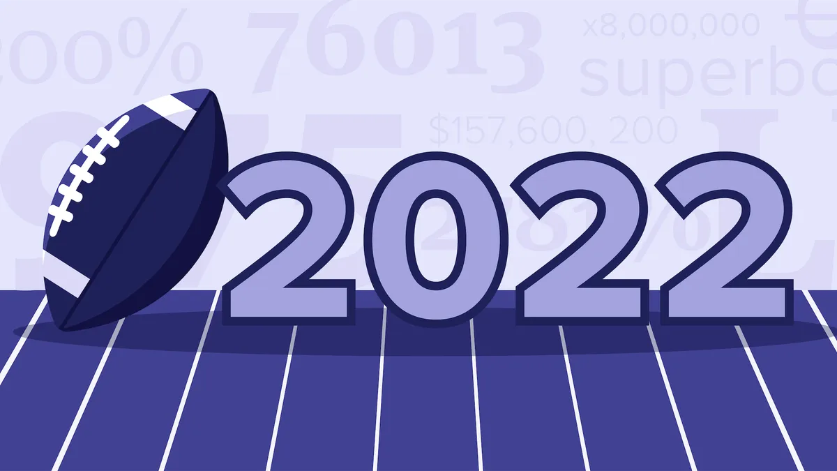 Giant letters saying "2022" appear alongside a football helmet, for this number and data oriented recap of the 2022 Super Bowl.