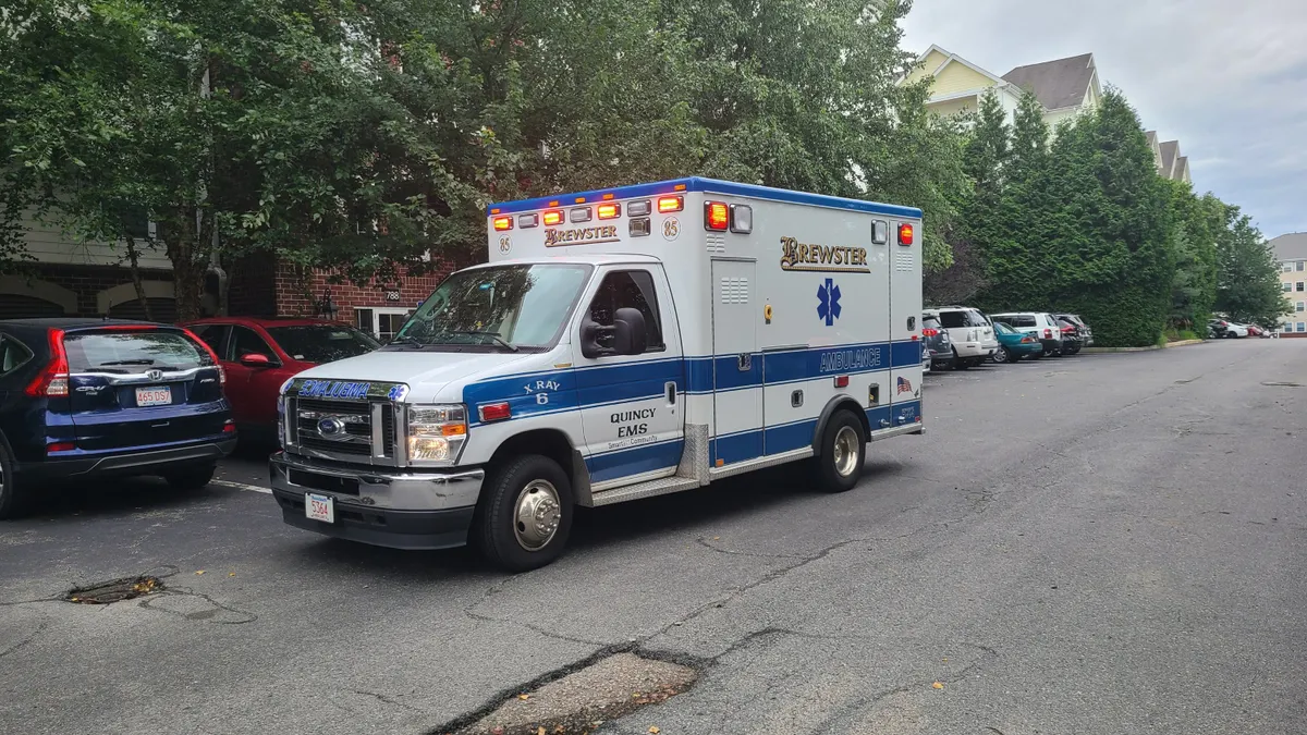 An ambulance owned by Brewster Ambulance Service of Weymouth, Massachusetts.