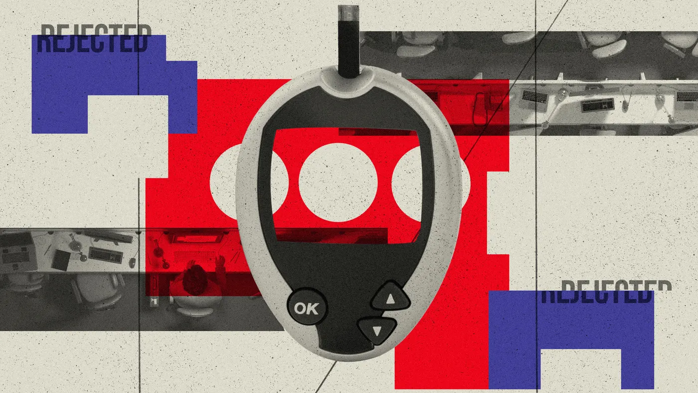 A stylized collage centers on a handheld medical device resembling a glucose monitor, overlaid on bold red and blue geometric shapes, with faint overhead images of empty office desks in the background and the word “REJECTED” repeated in gray text.