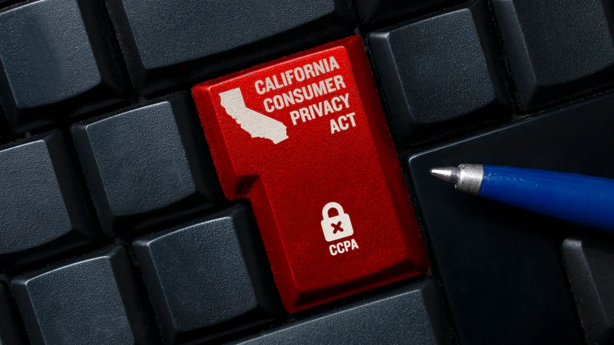 CCPA concept: a black computer keyword with a lock, a California shape and the text California consumer privacy act