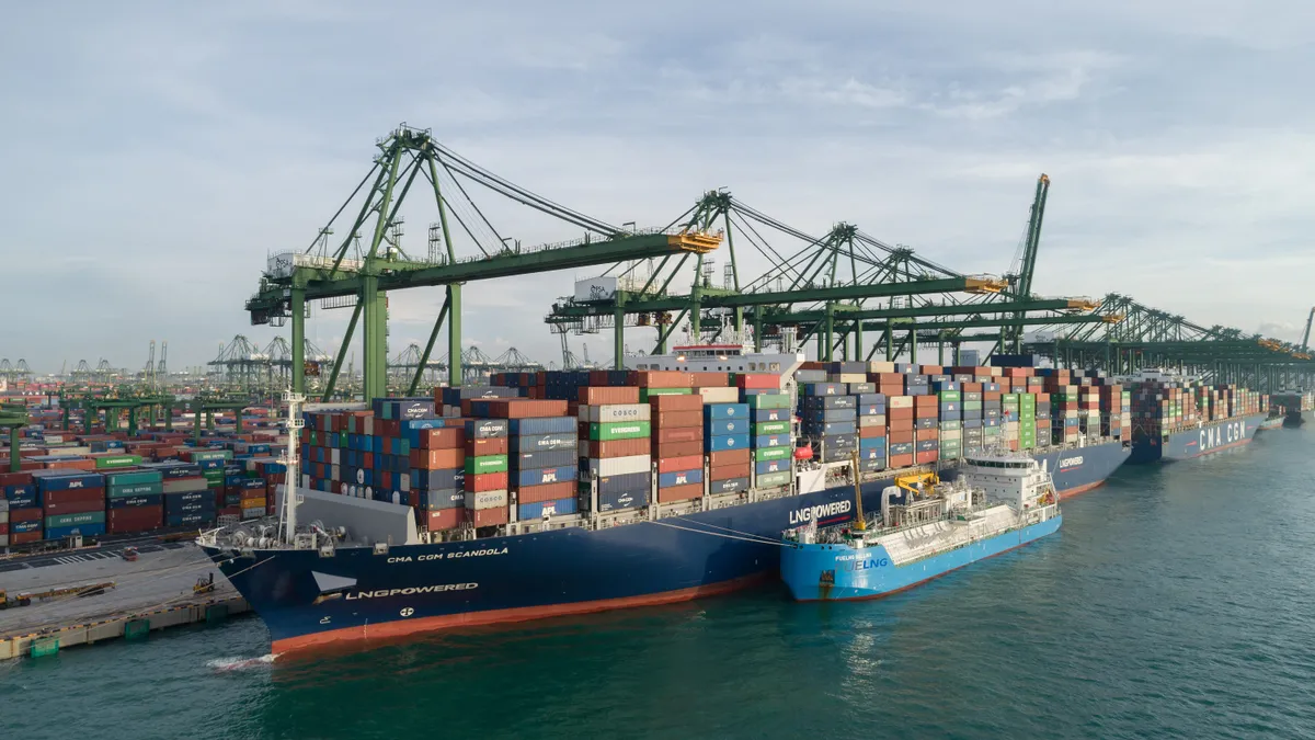 Asia’s first ship-to-containership LNG bunkering undertaken by CMA CGM and FueLNG at the Port of Singapore, March 2021.