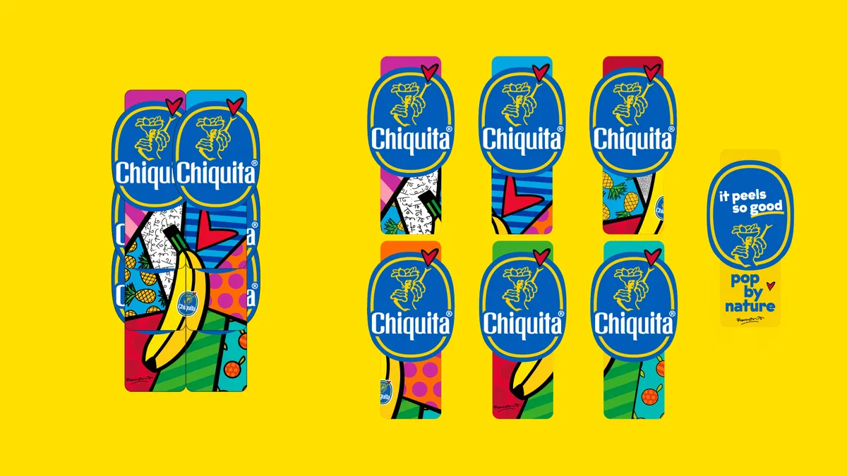 Several brightly colored stickers for the Chiquita banana brand are displayed.