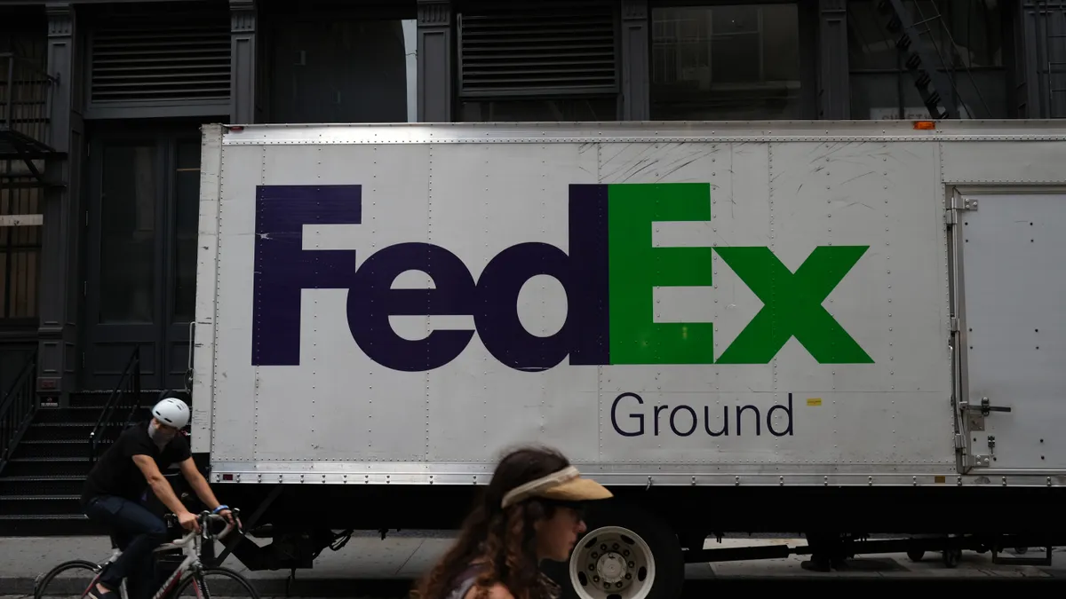 A FedEx truck makes deliveries in Manhattan on September 17, 2020 in New York City.