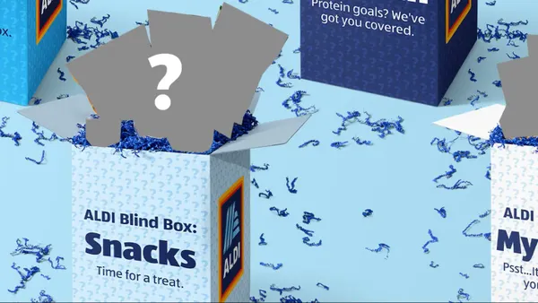 Four boxes labeled either "Snack," "Mystery," "Protein," or "Fiber" to showcase Aldi's blind box offering initiative