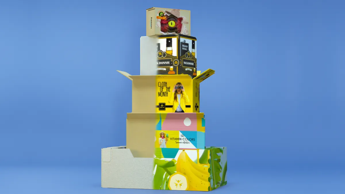 A vertical stack of colorful packaging boxes against a blue background