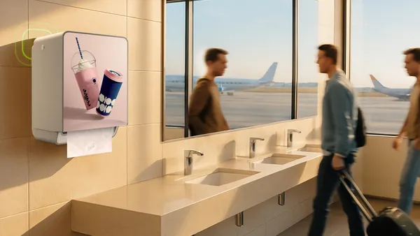 An airport restroom with a hand towel dispenser that has a design of beverage.