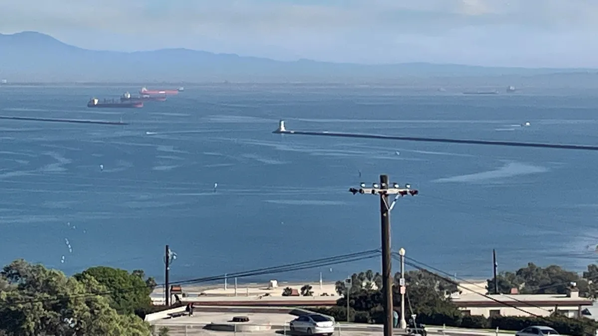 A view of ships waiting to enter the Port of Los Angeles.