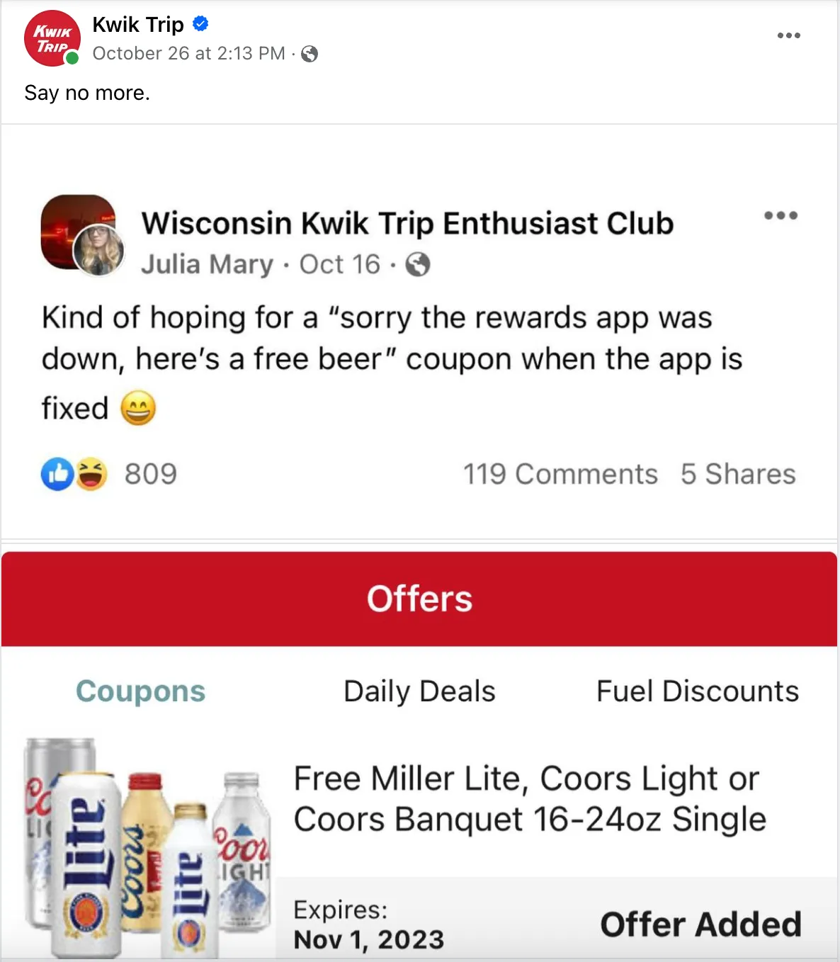 Kwik Trip Facebook free beer offer