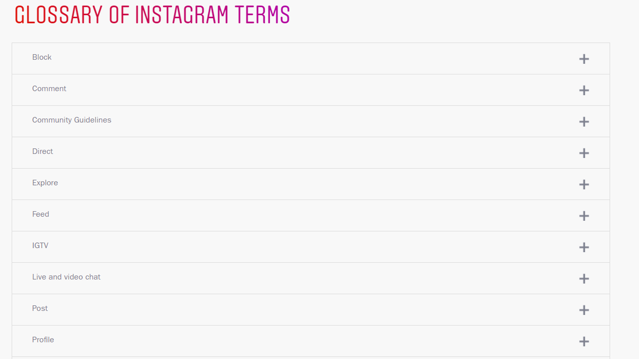 A listing of Instagram terms from the Parents Guide