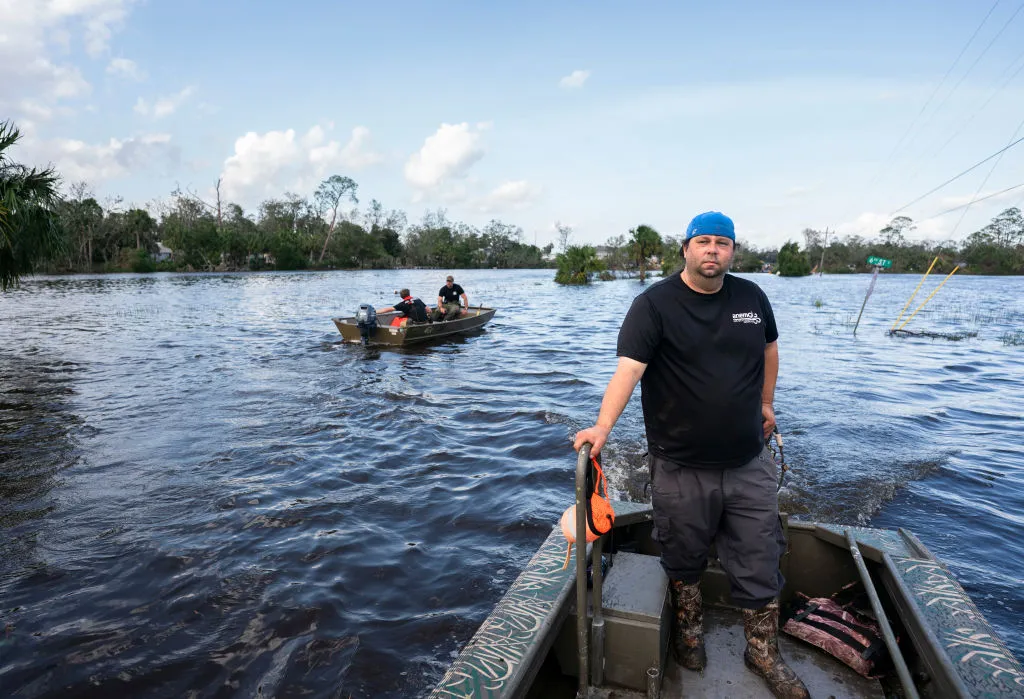 PJ Brashear operates a duck boat he&#x27;s been using to retrieve people stranded in flooded neighborhoods in the aftermath of Hurricane Helene on September 27, 2024 in Steinhatchee, Florida. Hurricane Helene made landfall Thursday night in Florida&#x27;s Big Bend with winds up to 140 mph and storm surges.