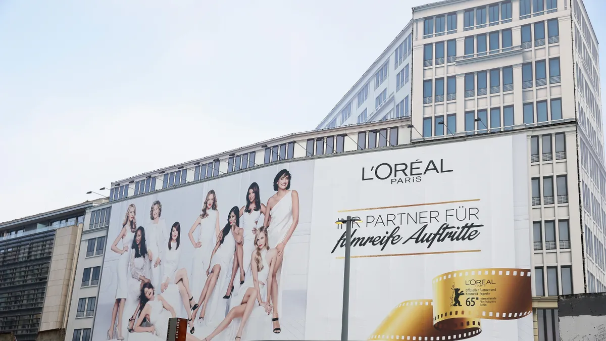 A L'Oreal poster is displayed during the 65th Berlinale International Film Festival at Potsdamer Platz on February 12, 2015 in Berlin, Germany.