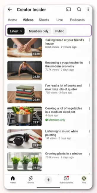 YouTube members only filter