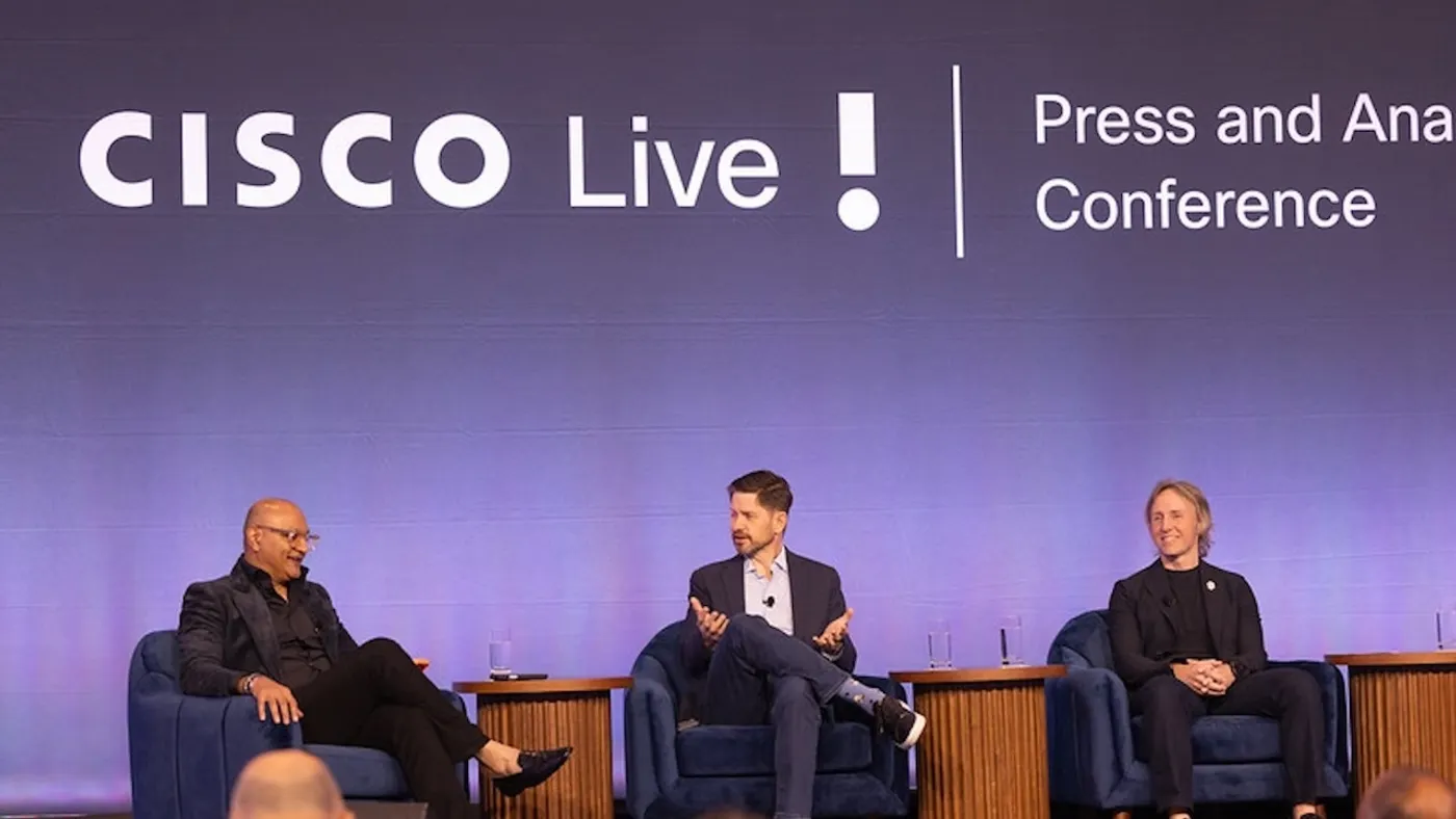 Jeetu Patel, president and chief product officer, Cisco, Anthony Grieco, SVP, chief security and trust officer and Cisco and Drew Hinz, product security lead, OpenAI discuss frontier AI and other security issues during a fireside chat at the Cisco Live conference in Las Vegas.