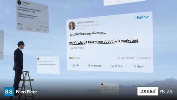 A social media post hovers in front of an office work standing solitary on a hill in a promotional video for RXBar.