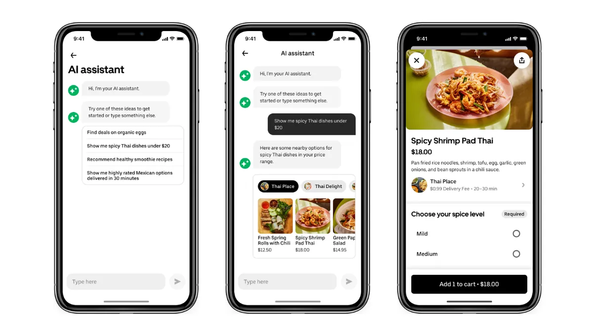 Screenshots of Uber Eats' AI assistant tool