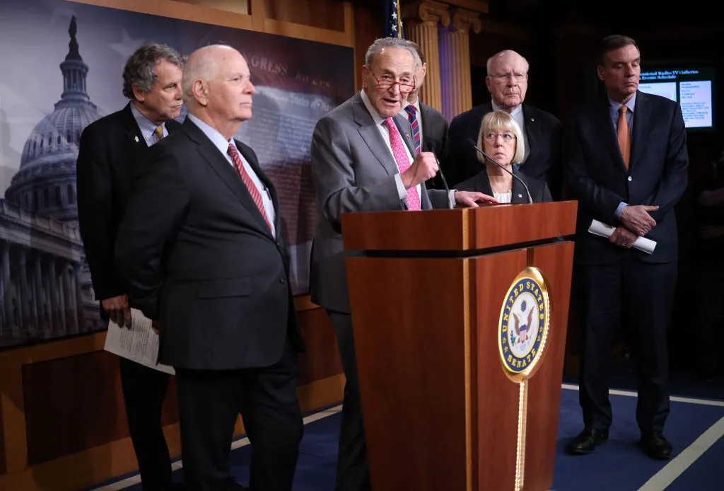 Sen. Chuck Schumer holds a press conference joined by Sen. Sherrod Brown, Sen. Ben Cardin, Sen. Ron Wyden, Sen. Patty Murray, Sen. Patrick Leahy and Sen. Mark Warner